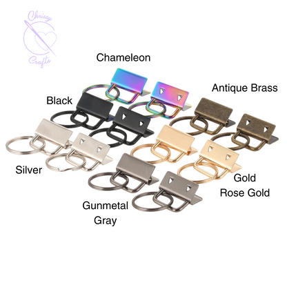 Keychain hardware in different colors. Silver, gunmetal gray, chameleon, gold/rosegold, black, antique brass.